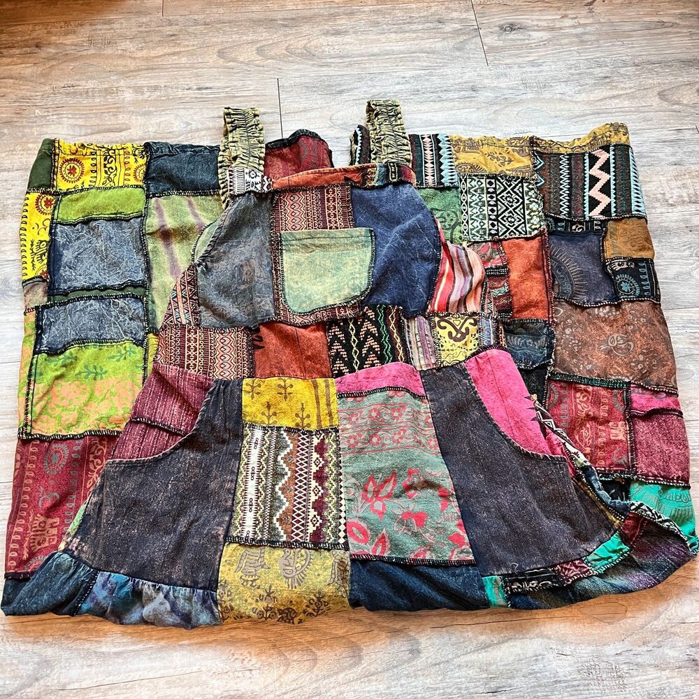 Kathmandu Imports Patchwork Overalls Womens Medium Boho Dungarees Bright - Picture 2 of 11